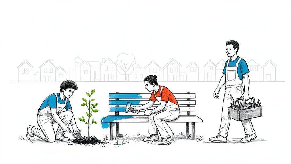 Three people volunteering in a community, planting a tree, painting a bench, and carrying tools.