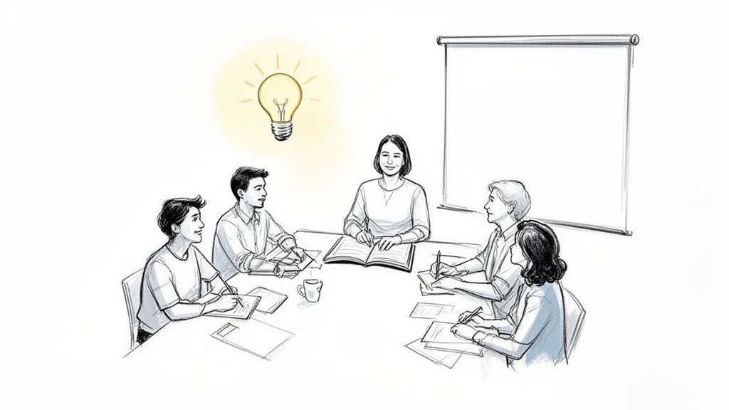 Five people collaborating around a table with a glowing lightbulb, symbolizing new ideas during a meeting.