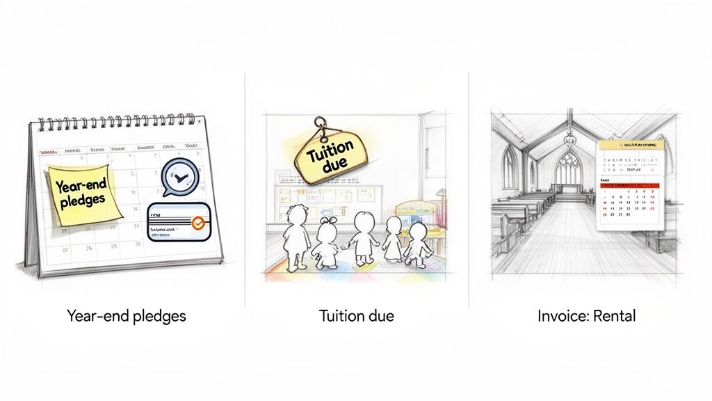 Illustrations showing a calendar for year-end pledges, children with a 'Tuition due' sign, and a church with a rental invoice calendar.