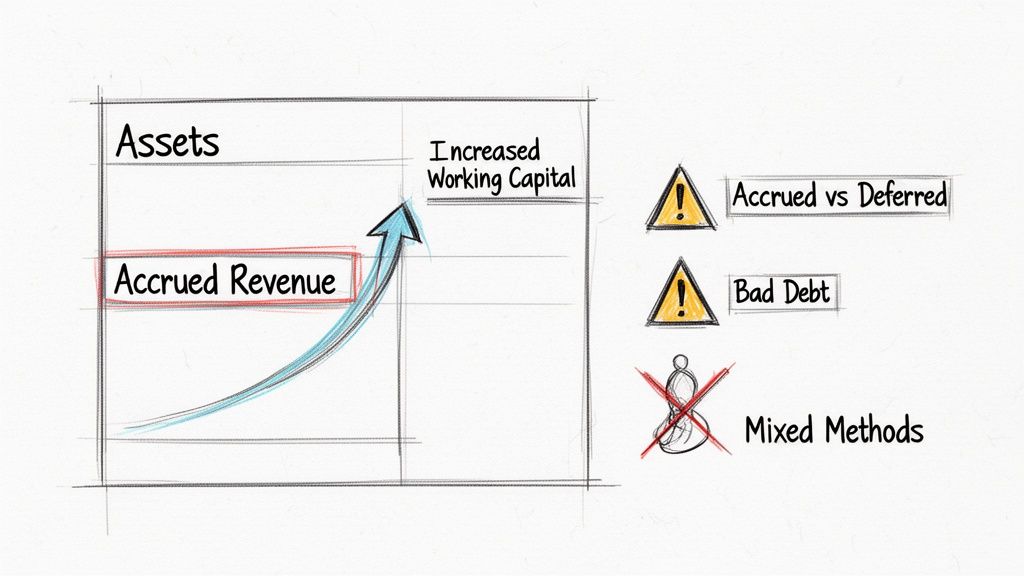 A financial sketch illustrating accrued revenue boosting working capital, with warnings about deferred, bad debt, and mixed accounting methods.