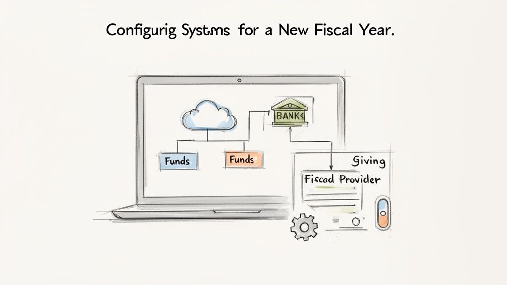 A hand-drawn diagram on a laptop shows financial system configuration for a new fiscal year.