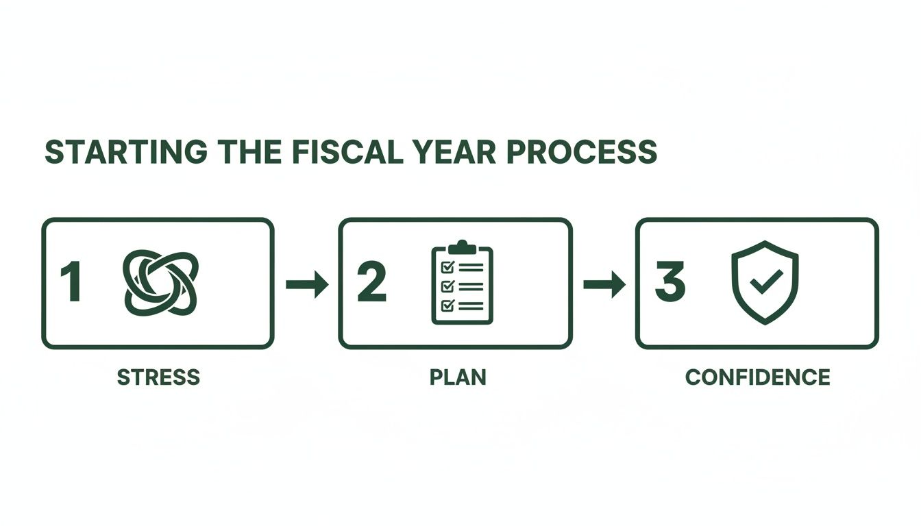 A three-step process for starting the fiscal year, illustrating a journey from stress to plan and confidence.