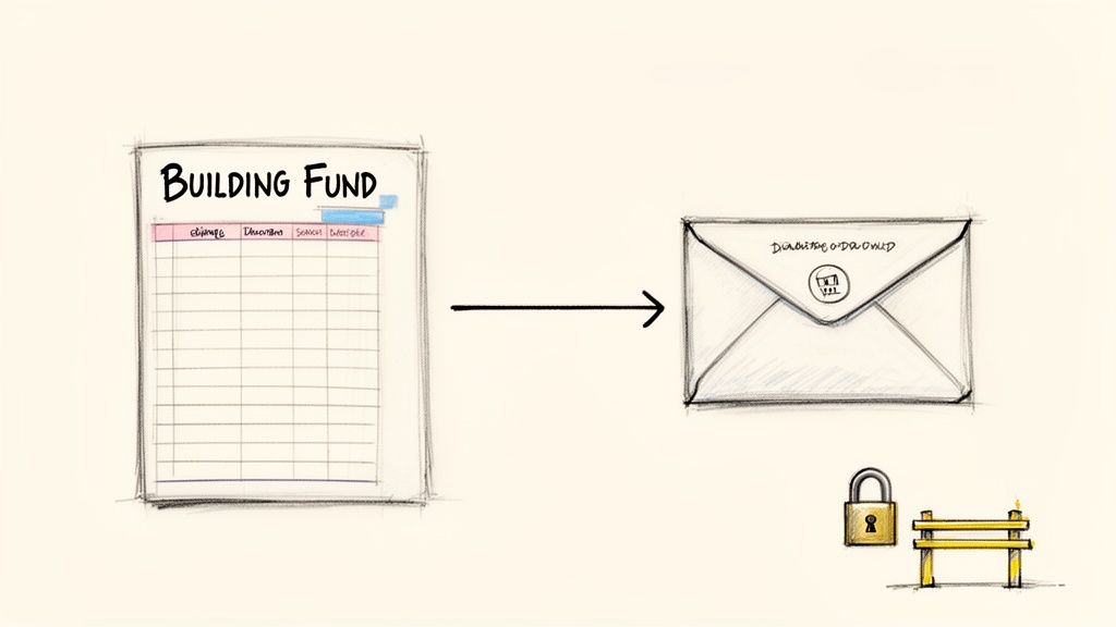 Hand-drawn illustration showing a 'BUILDING FUND' document leading to an envelope, with a padlock and barrier below, symbolizing secure funding.
