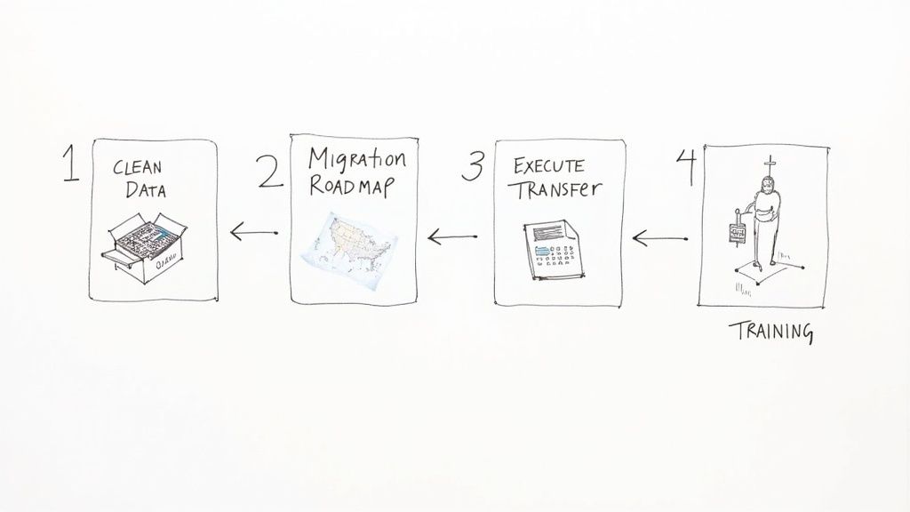 A person at a desk drawing a flowchart, symbolizing a clear plan for software migration.