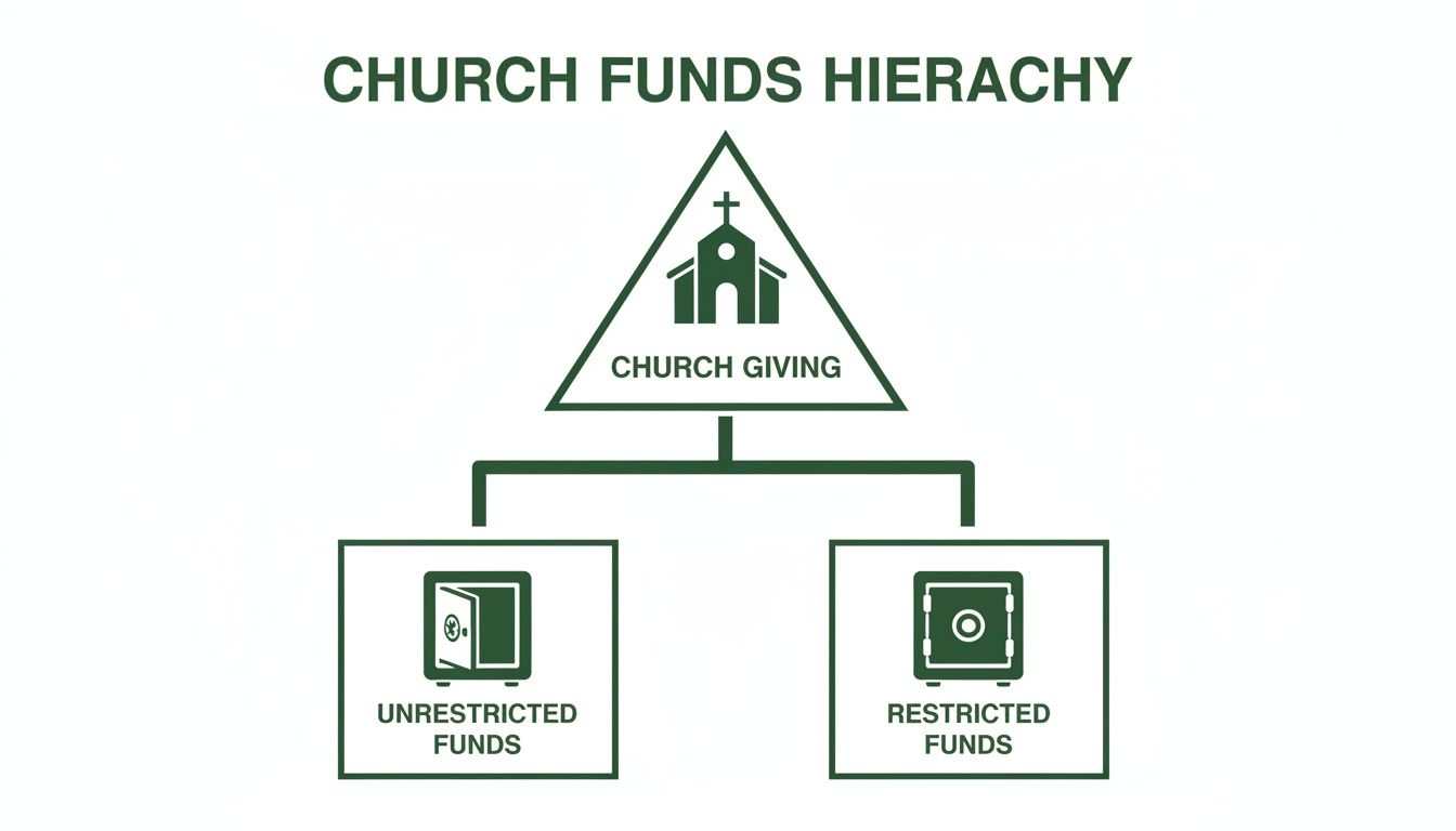 A clear diagram showing the hierarchy of church funds, separating giving into unrestricted and restricted categories.