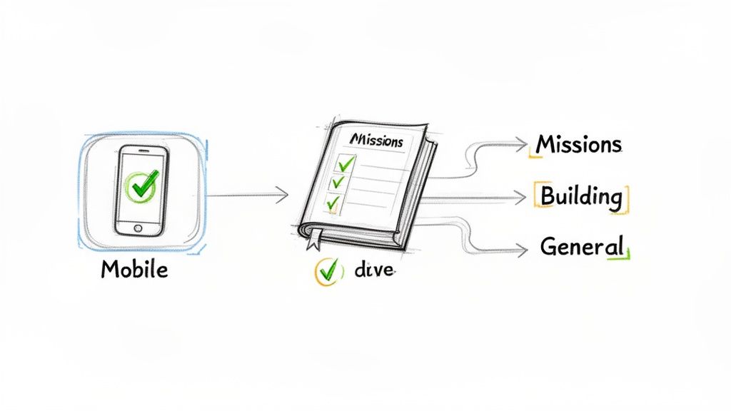 Diagram illustrating a mobile app icon linked to a checklist book with categories like Missions, Building, and General.