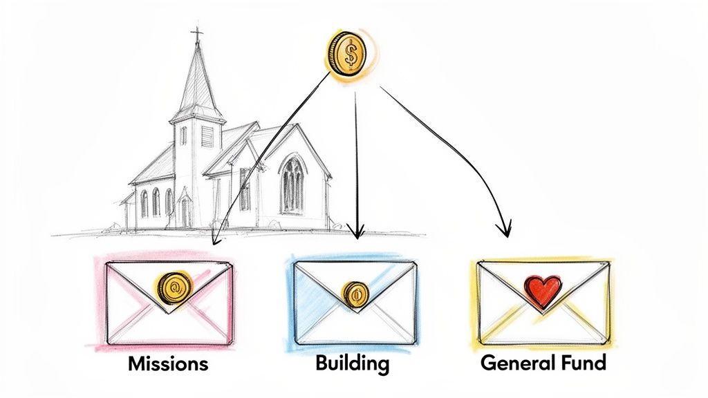 Illustration showing a church distributing collected funds to missions, building, and general operations.