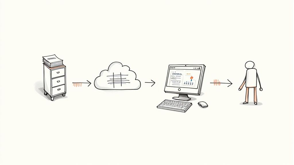 A person working on a laptop with financial charts and graphs displayed on the screen, indicating bookkeeping tasks.