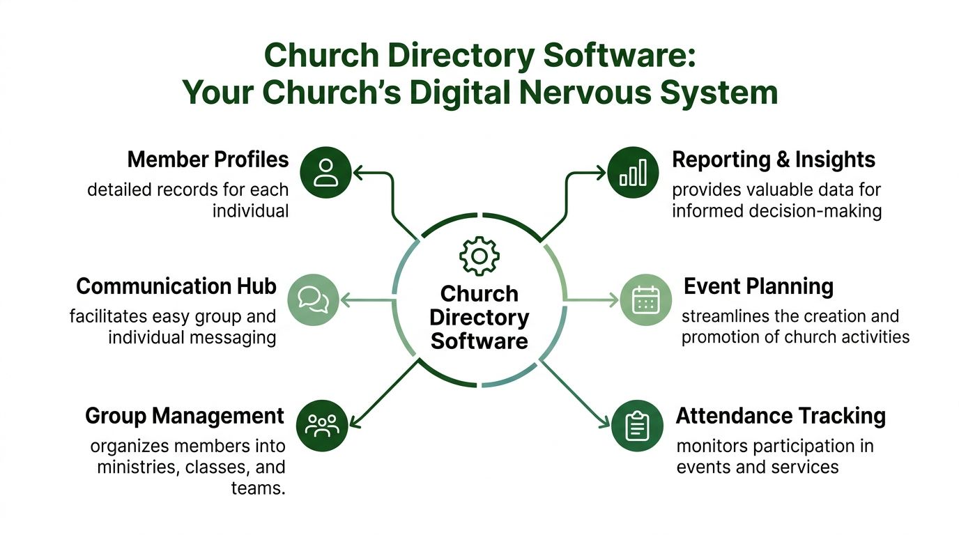 A diagram illustrating the core features of church directory software, including member profiles, communication, and attendance tracking.