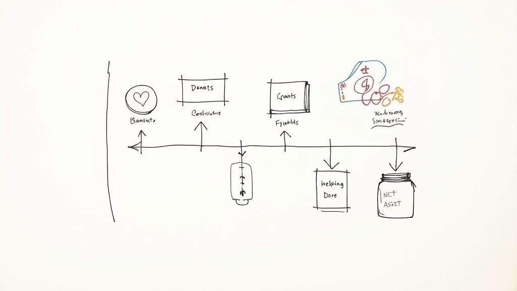 A hand-drawn flowchart depicting a nonprofit's activities, from fundraising like donations and grants, to outcomes like helping and net assets.