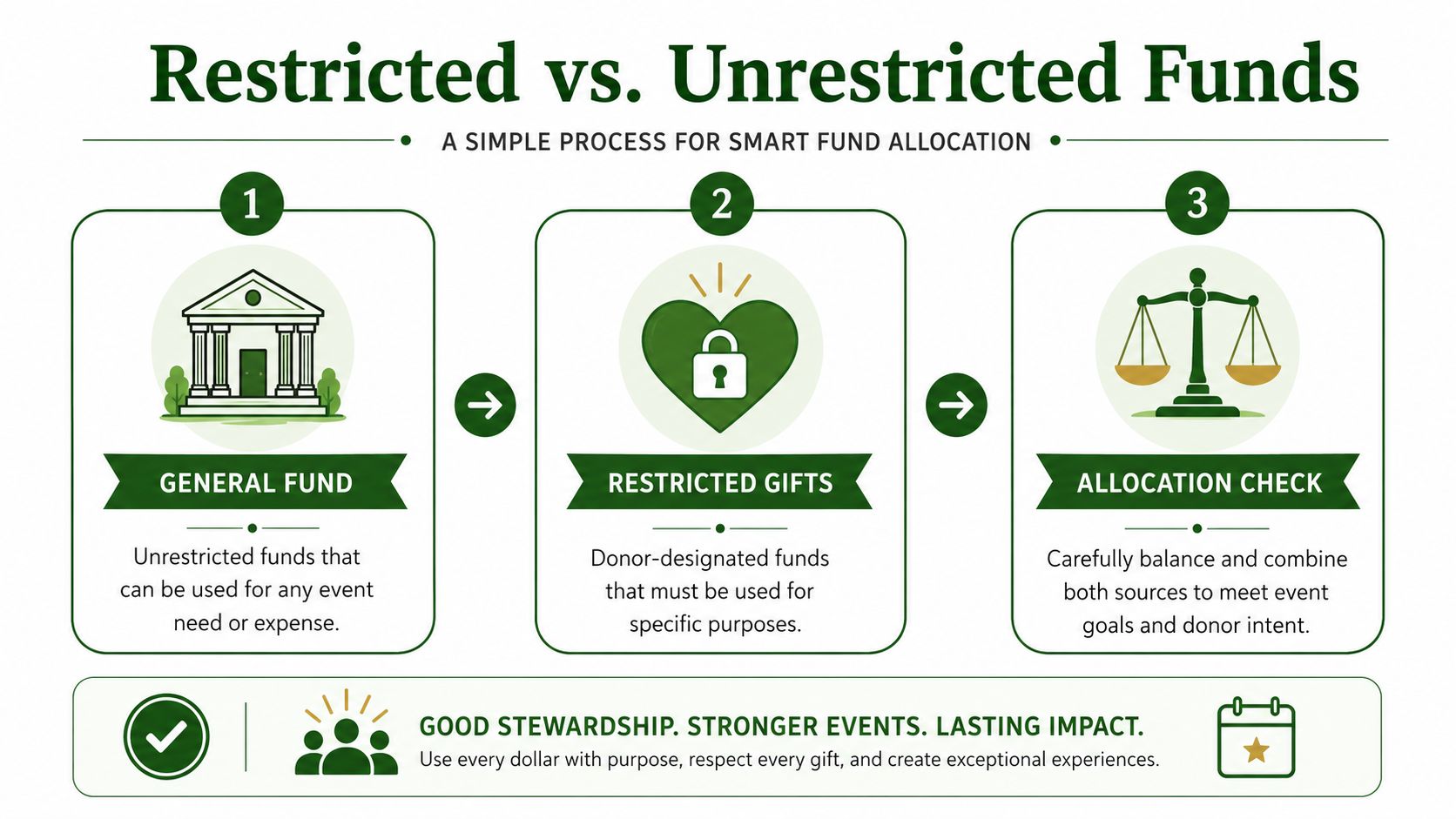 An infographic showing a three-step process for managing restricted and unrestricted funds for nonprofit event budgeting.