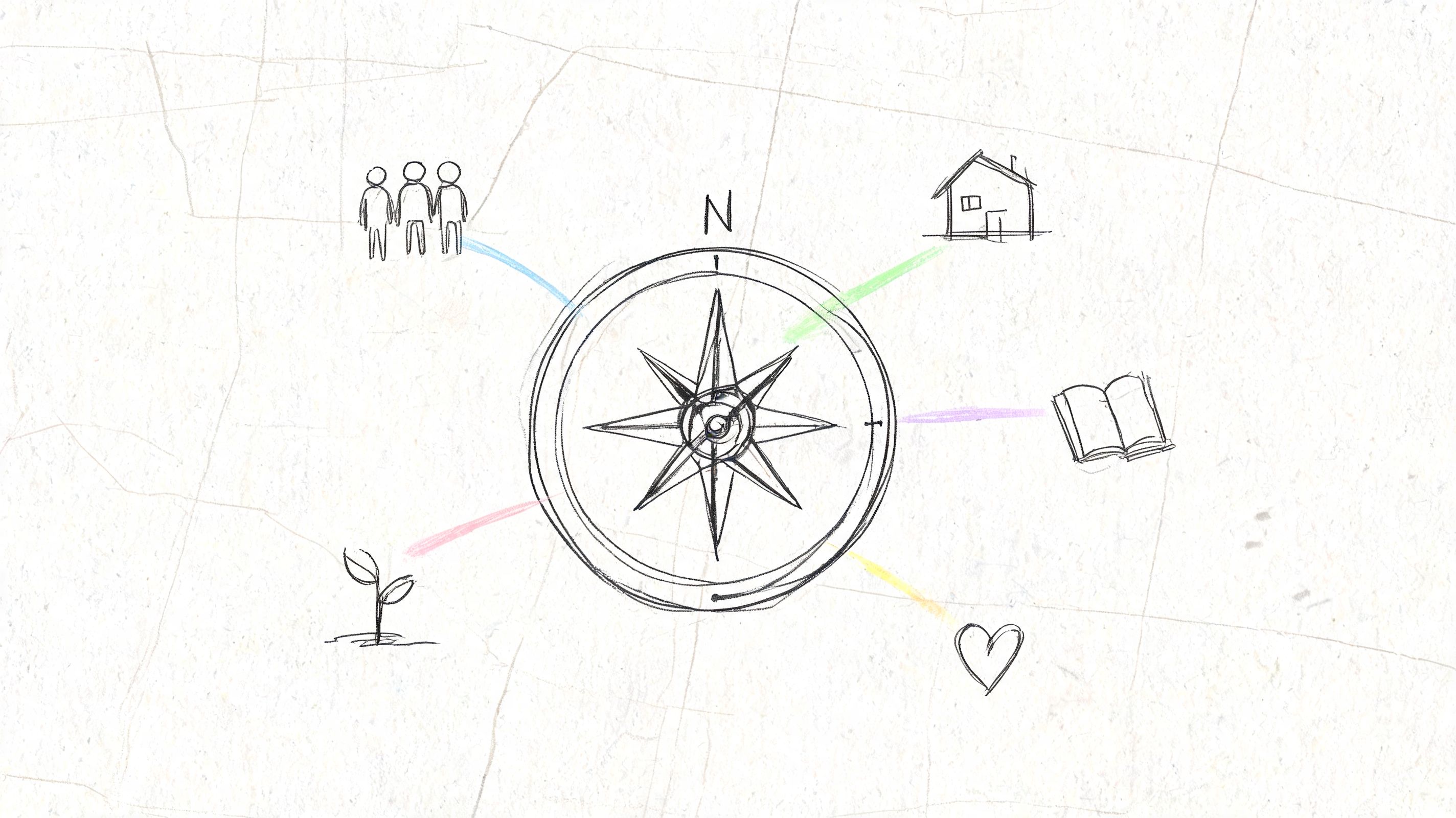 A hand-drawn compass surrounded by sketched icons representing community, home, nature, education, and love.