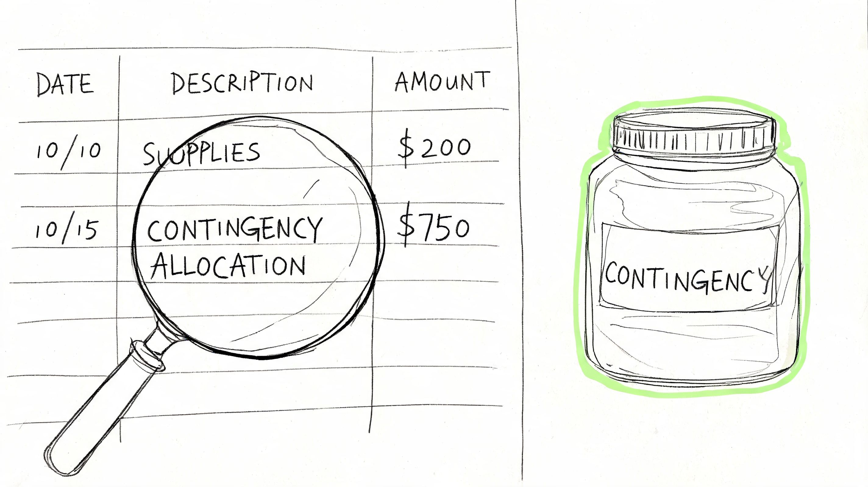 A magnifying glass inspecting a budget table showing a contingency allocation linked to a contingency fund jar.