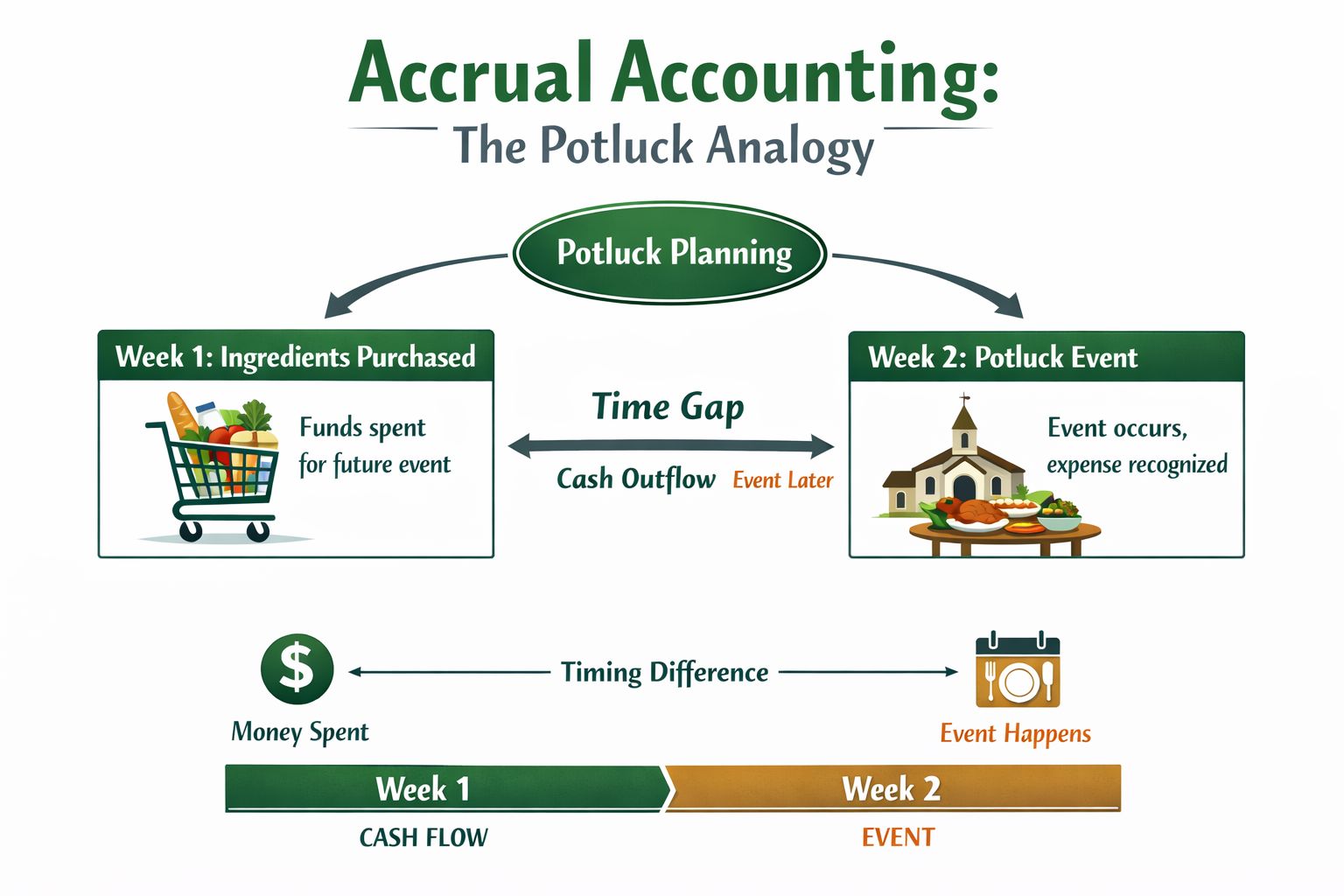An infographic titled Accrual Accounting using a potluck analogy to explain the difference between cash outflow and event recognition.