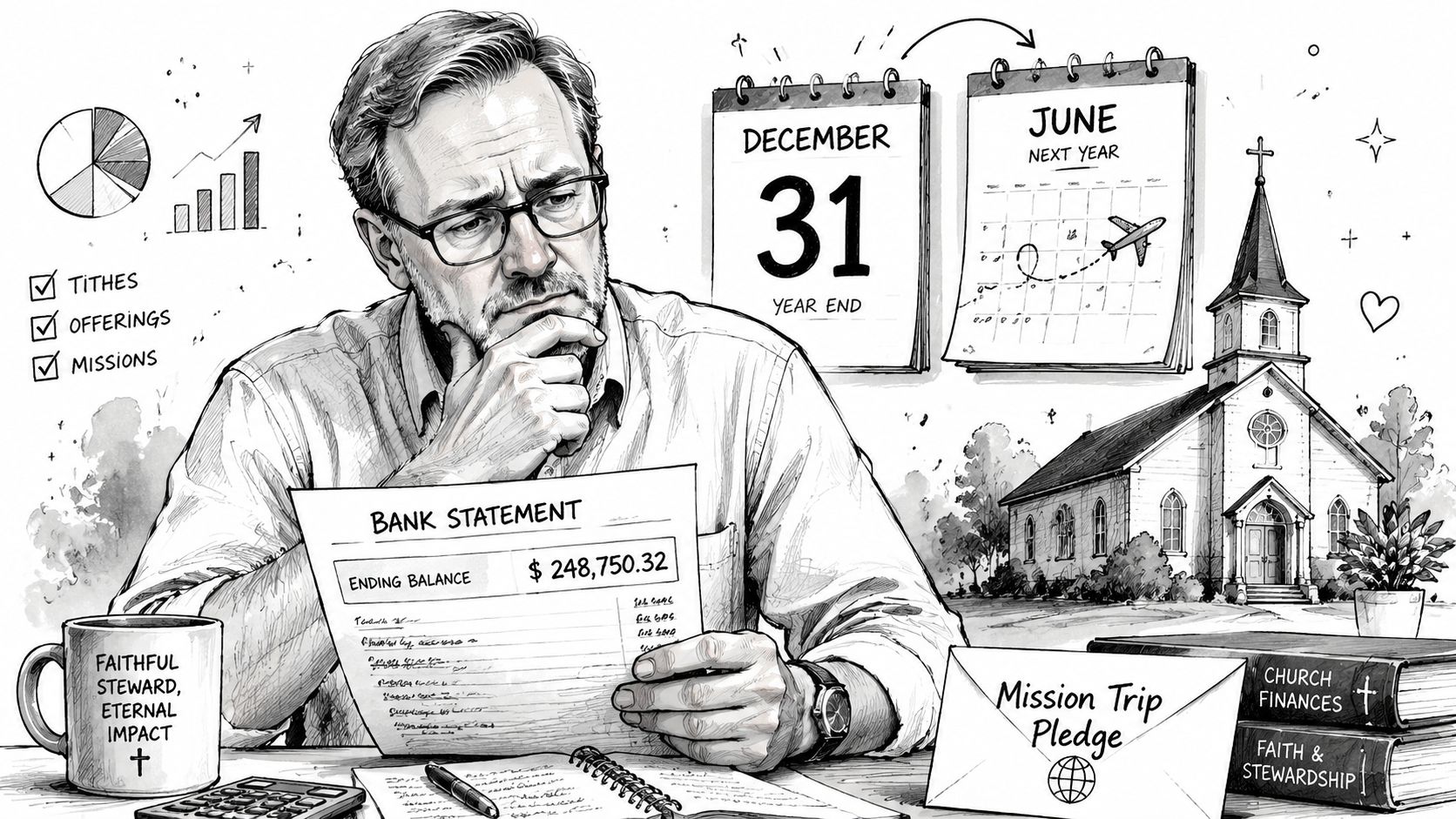 A man reviewing bank statement documents while thinking about church finances, mission pledges, and annual planning.
