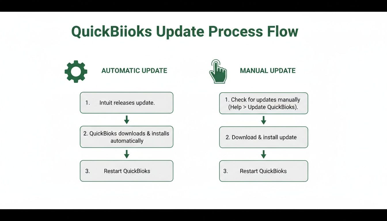 A QuickBioks update process flow chart illustrating automatic and manual installation steps.
