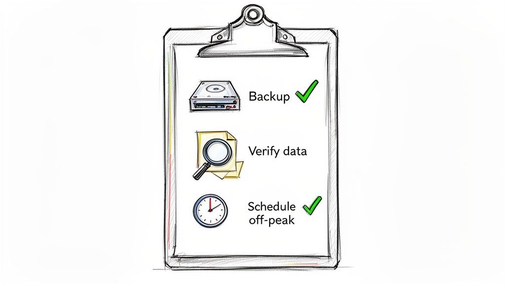 A clipboard checklist showing data backup, verification, and off-peak scheduling tasks with checkmarks.