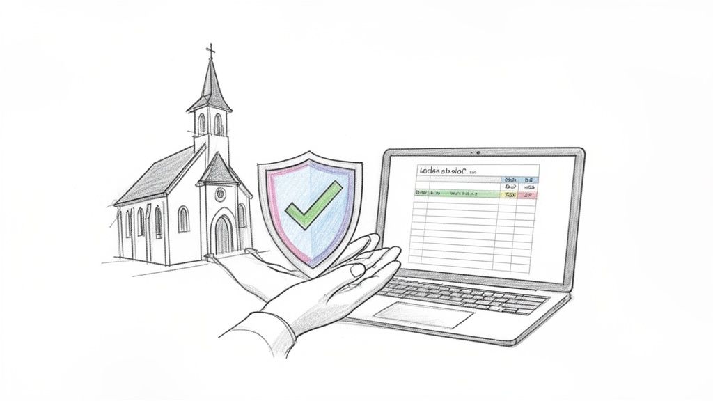 Sketch of a church, hands holding a security shield, and a laptop with a spreadsheet.