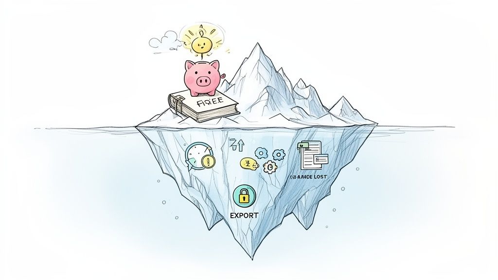 An iceberg shows 'FREE' above water, revealing hidden costs like time, data loss, and export limitations below.