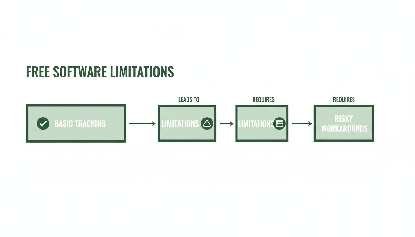 Flowchart illustrating how basic tracking in free software leads to various limitations and risky workarounds.