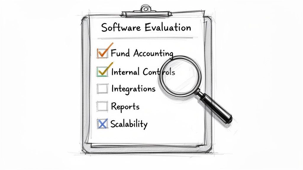 A clipboard with a 'Software Evaluation' checklist, showing features like Fund Accounting and Internal Controls reviewed.