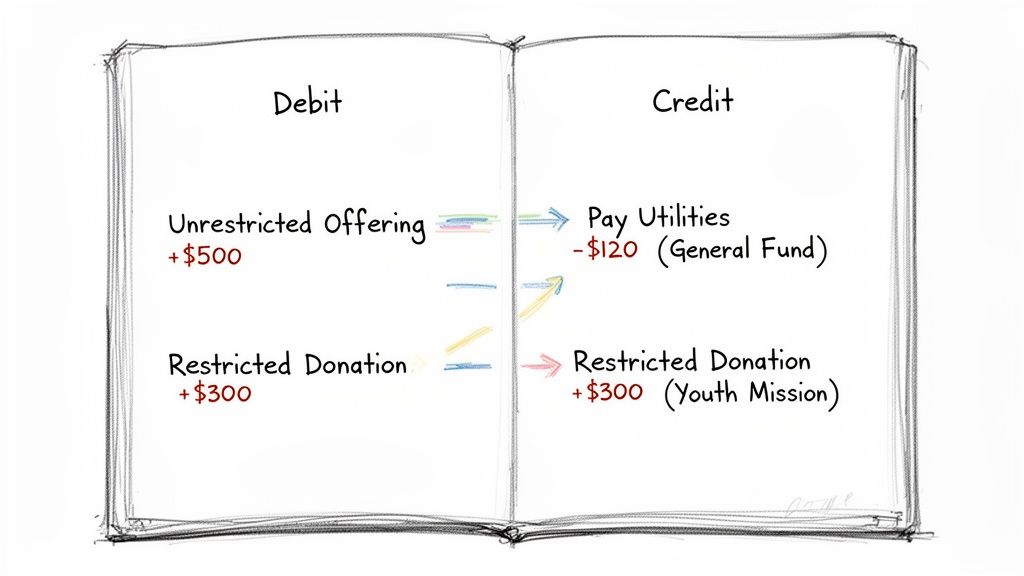 A hand-drawn ledger illustrating debit and credit entries in fund accounting, showing offerings, donations, and utility payments.