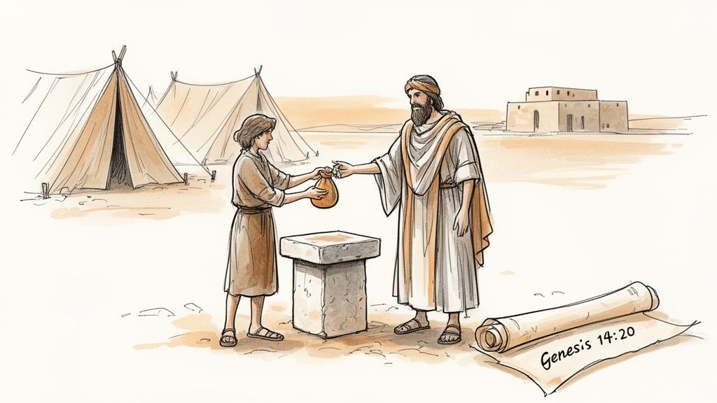 Biblical scene of Abraham giving tithes to Melchizedek with tents, altar, and a scroll showing Genesis 14:20.