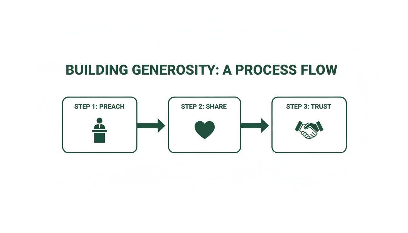 A flow chart illustrating the three steps to building generosity: preach, share, and trust.