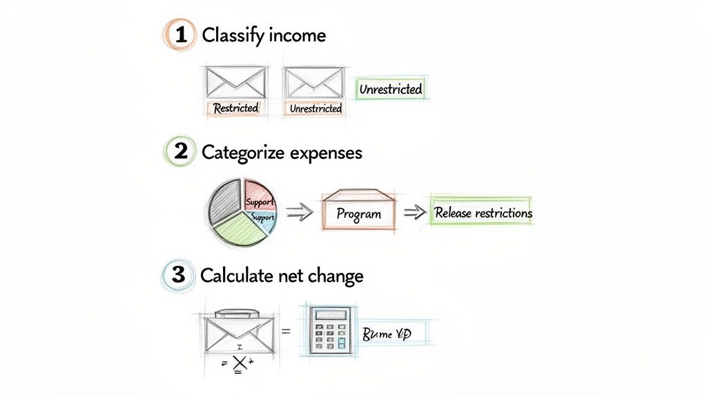 A step-by-step financial diagram showing income classification, expense categorization, and net change calculation.