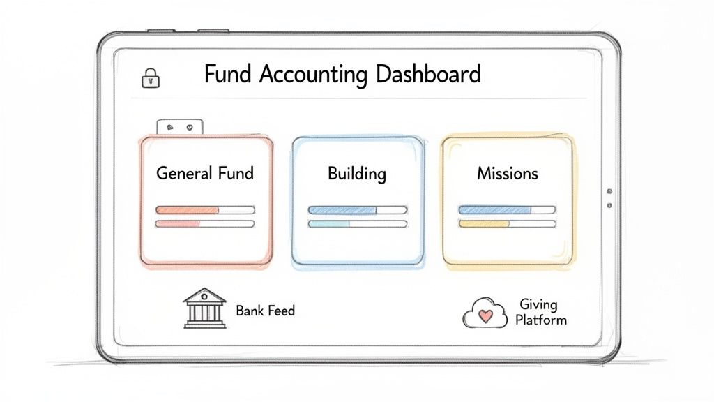 Digital dashboard for fund accounting, displaying general, building, and missions funds with progress bars.