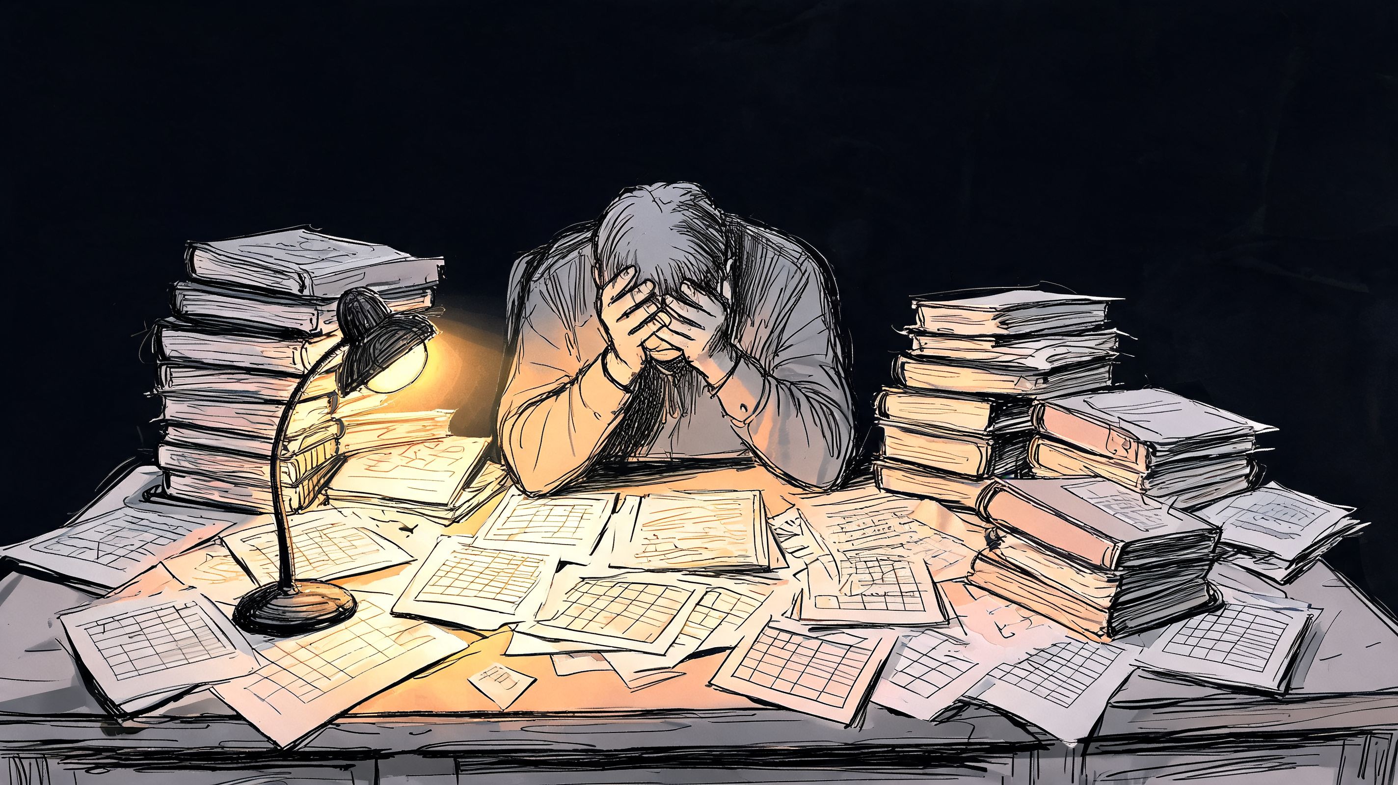 A person sitting at a cluttered desk covering their face with hands while surrounded by many books.