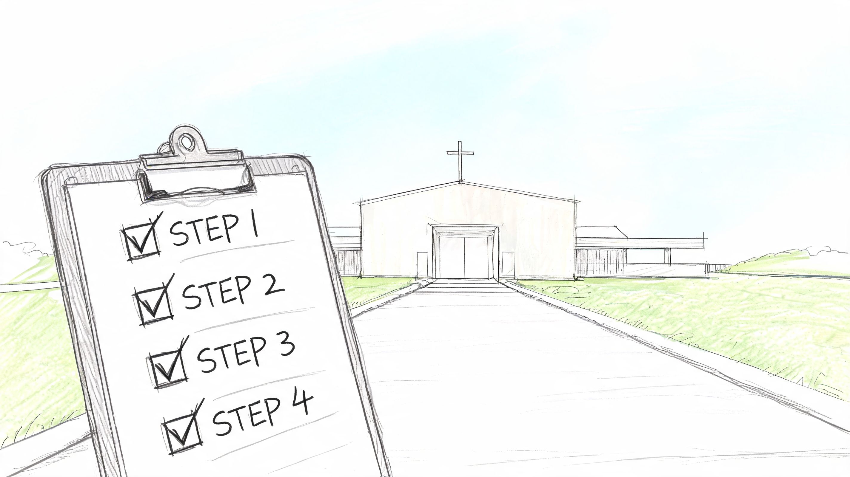 A digital illustration of a clipboard with a four-step checklist in front of a church building.