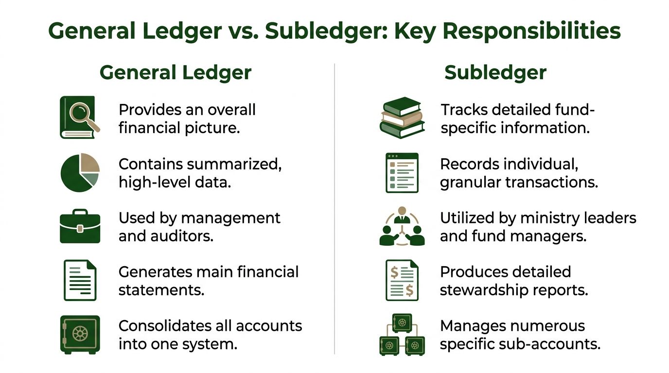 A comparison chart outlining the key functional differences between the general ledger and subledger accounting systems.