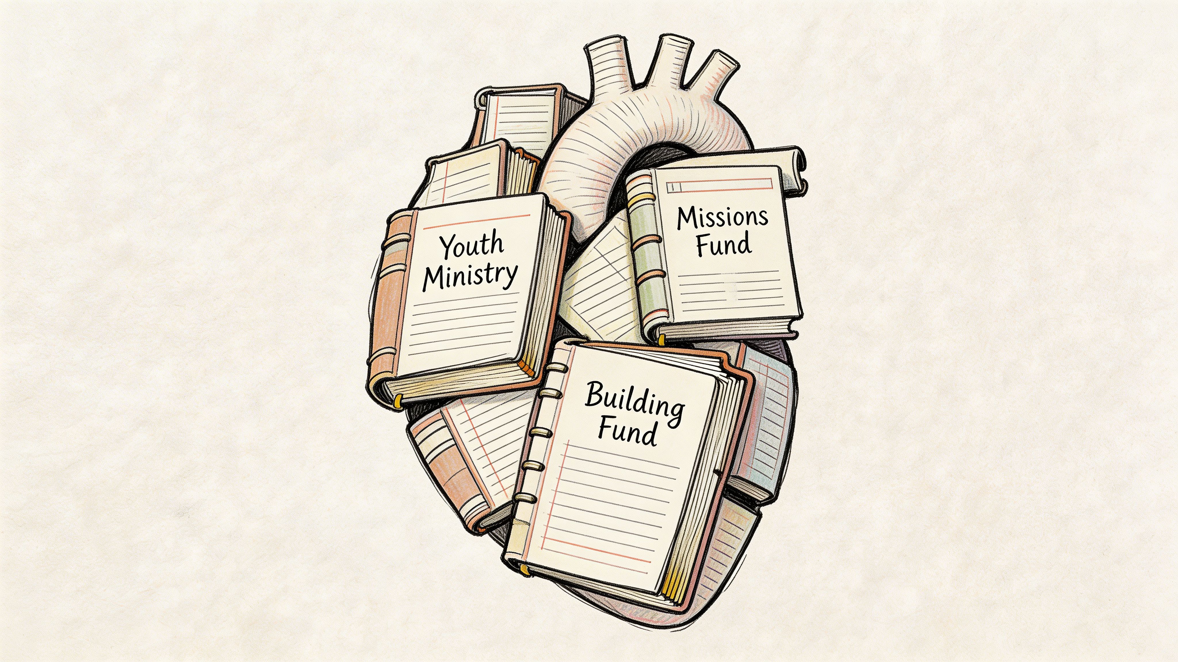 A hand-drawn heart illustration composed of stacked ledger books labeled Youth Ministry, Missions Fund, and Building Fund.