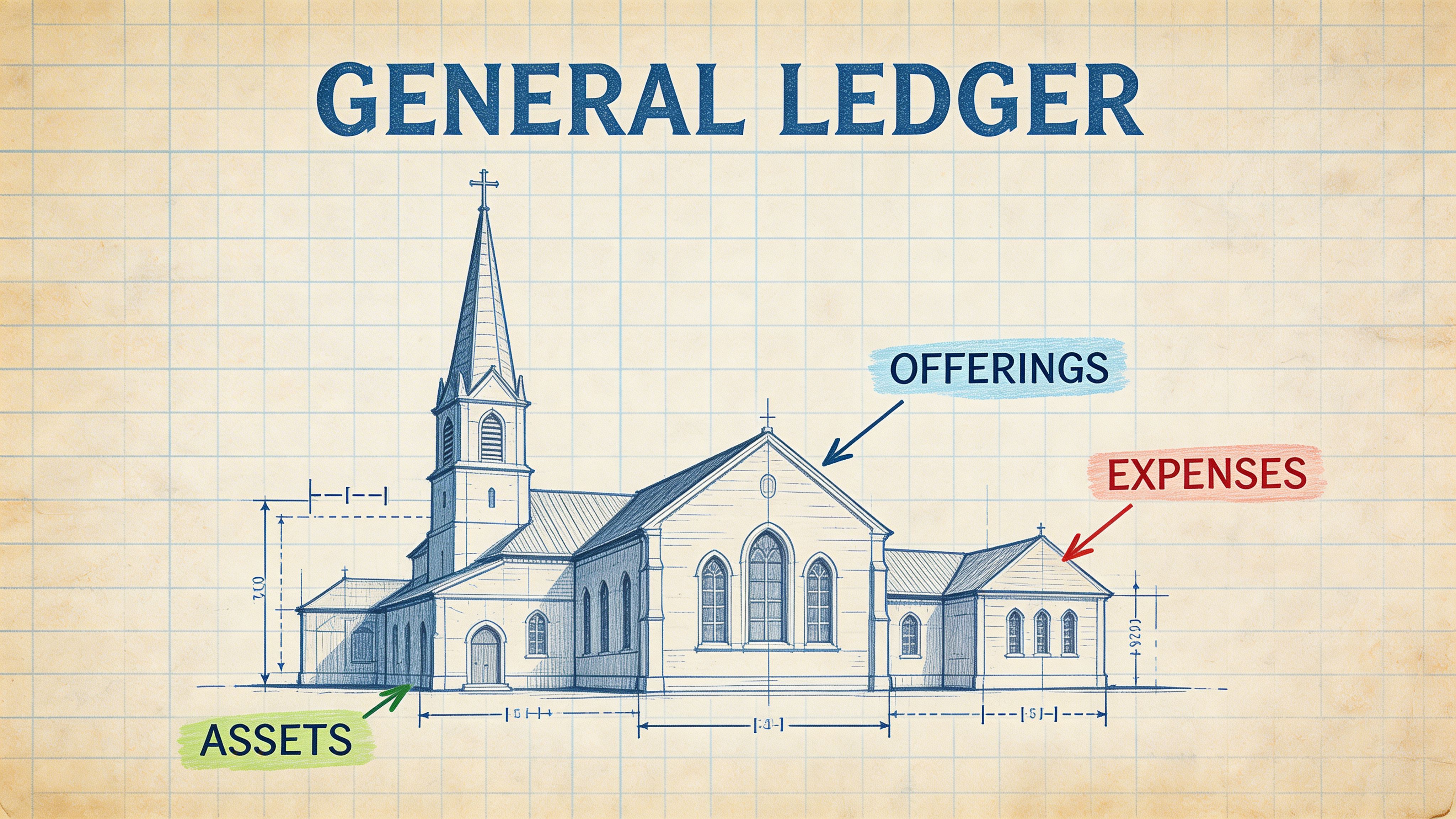 A blueprint-style diagram of a church building illustrating church accounting concepts like assets, offerings, and expenses.