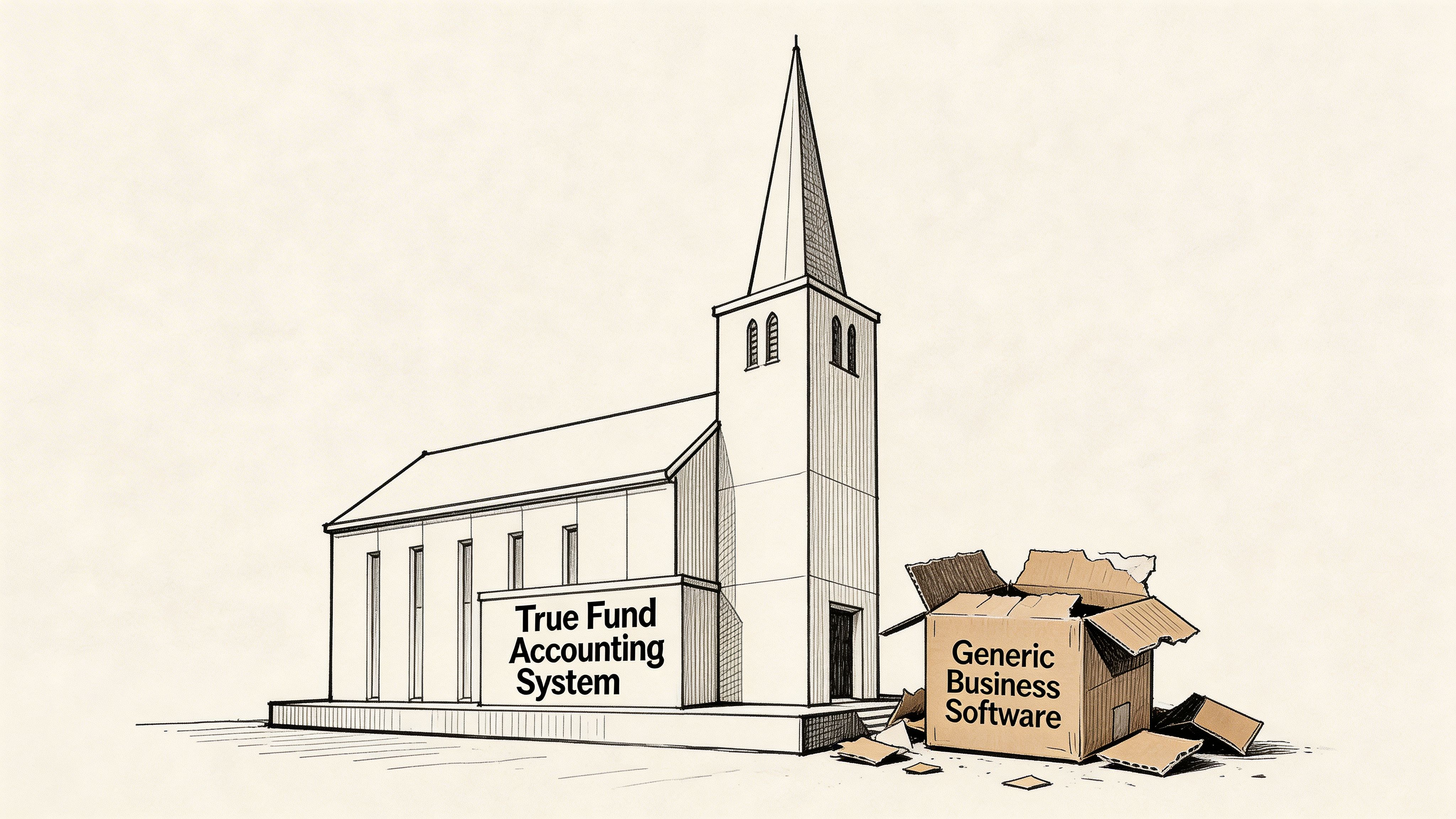 A line drawing illustration comparing specialized fund accounting systems for churches versus generic business software.
