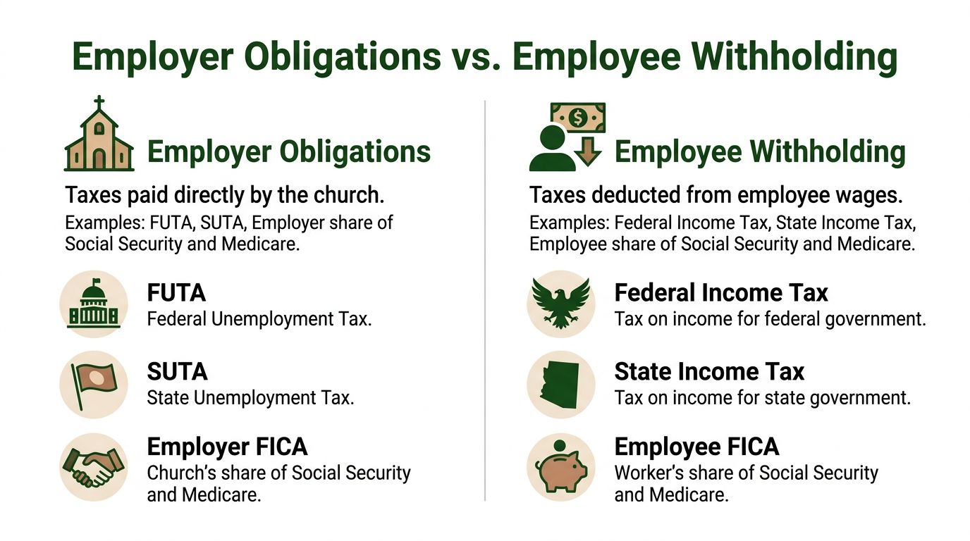 A comparison chart outlining differences between employer payroll tax obligations and employee tax withholding categories.