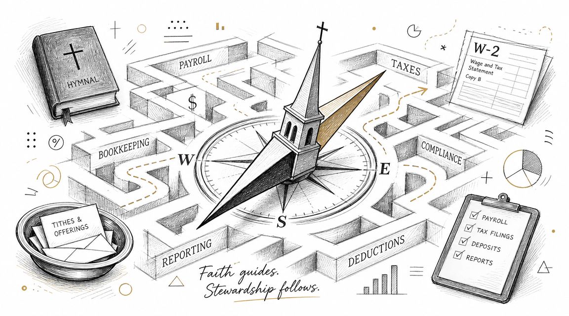 A pencil-style illustration showing a church steeple acting as a compass needle over a maze of accounting.