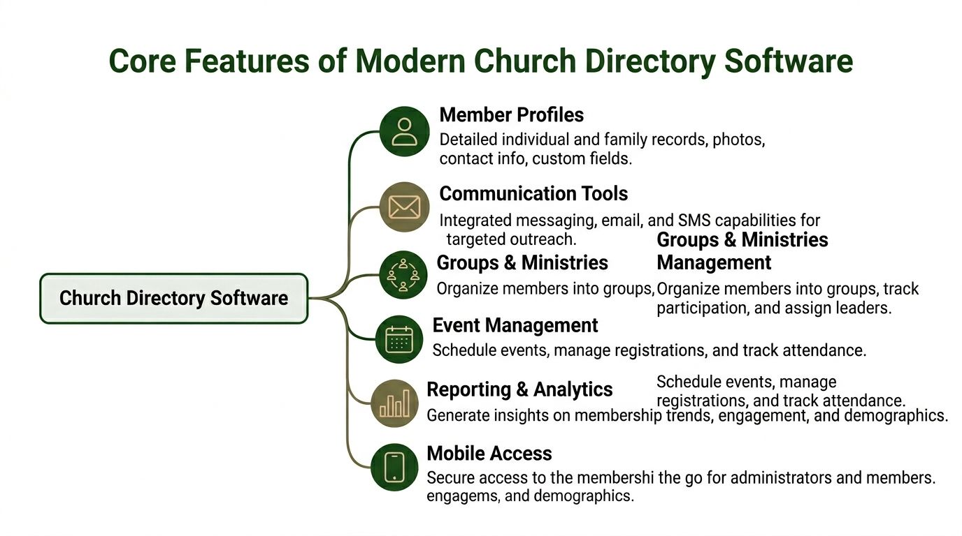 A diagram illustrating the six core features of modern church directory software for efficient member management.