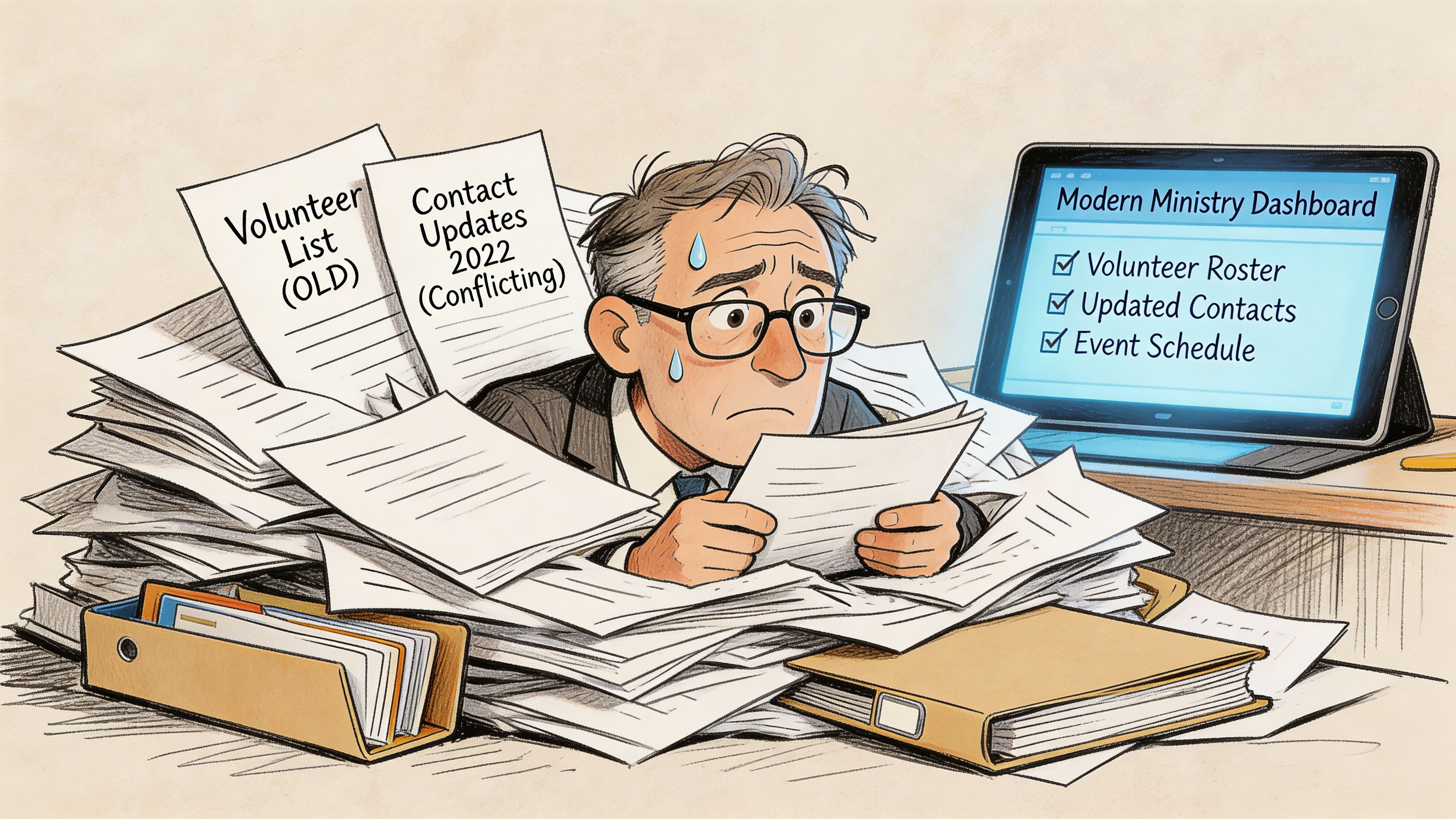 A stressed man overwhelmed by piles of messy paper documents sitting next to an organized digital dashboard.