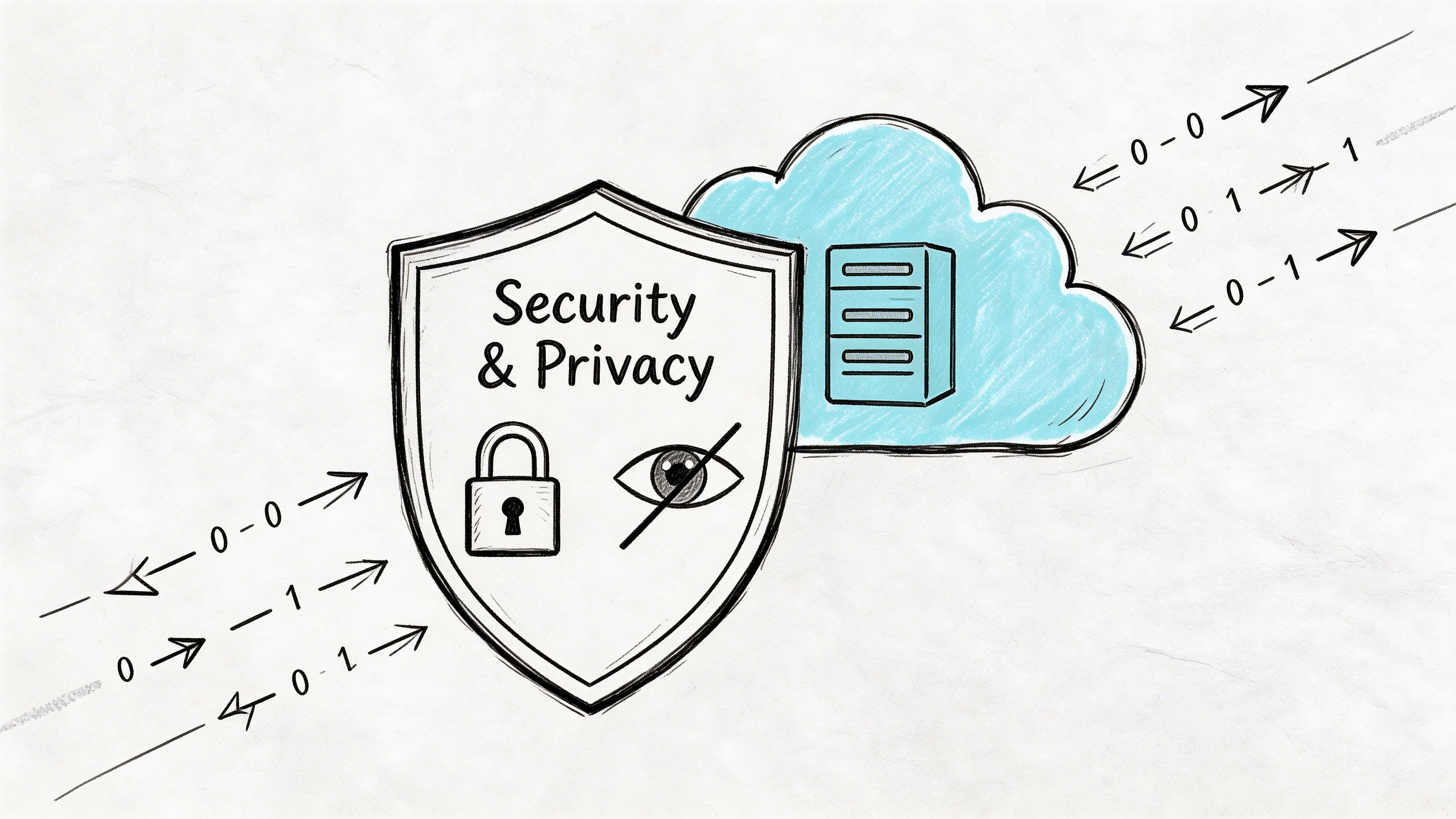 A hand-drawn shield icon protecting a cloud server illustration, symbolizing data security and digital privacy protection.