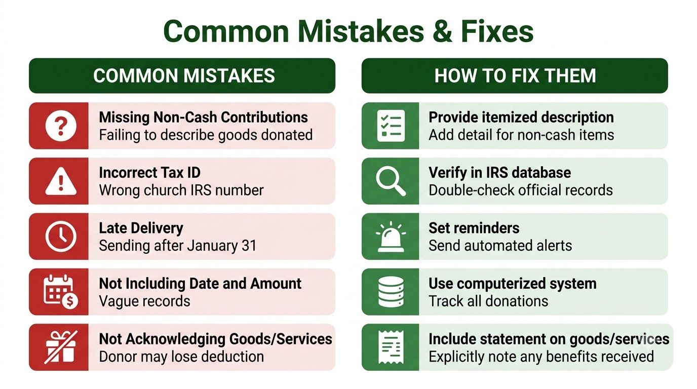 A chart showing common mistakes in church donation statements and how to fix them for tax compliance.