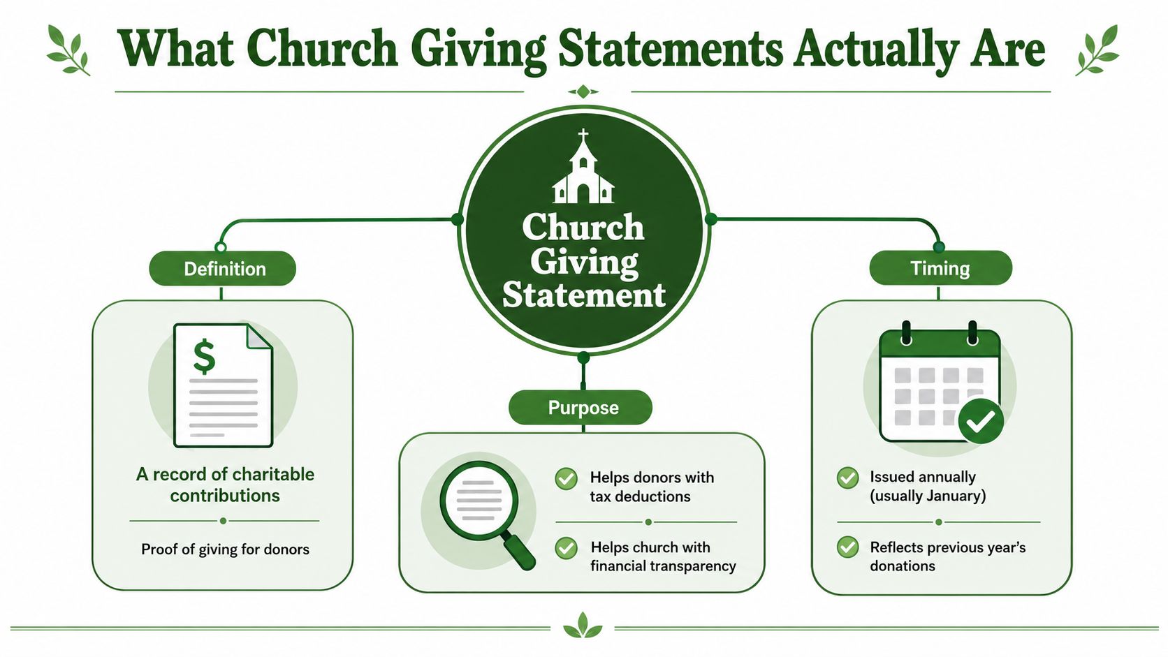 An infographic detailing the definition, purpose, and timing of annual church giving statements for donors and organizations.
