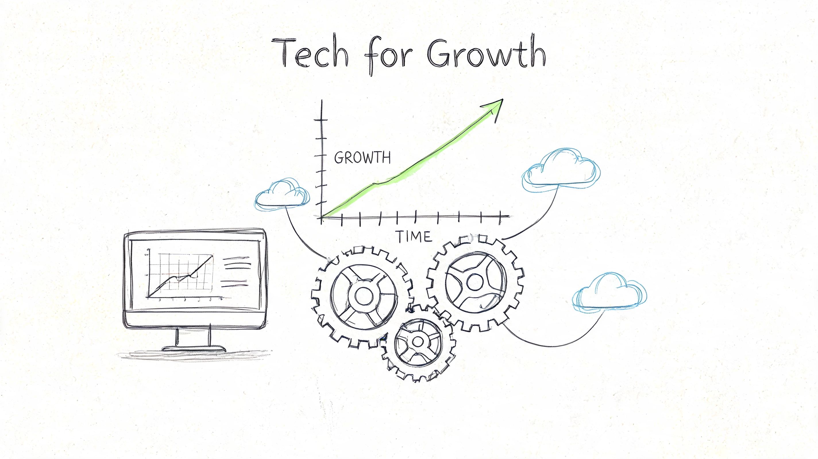 A hand-drawn illustration showing a computer, gears, and cloud icons connected to a growth chart.