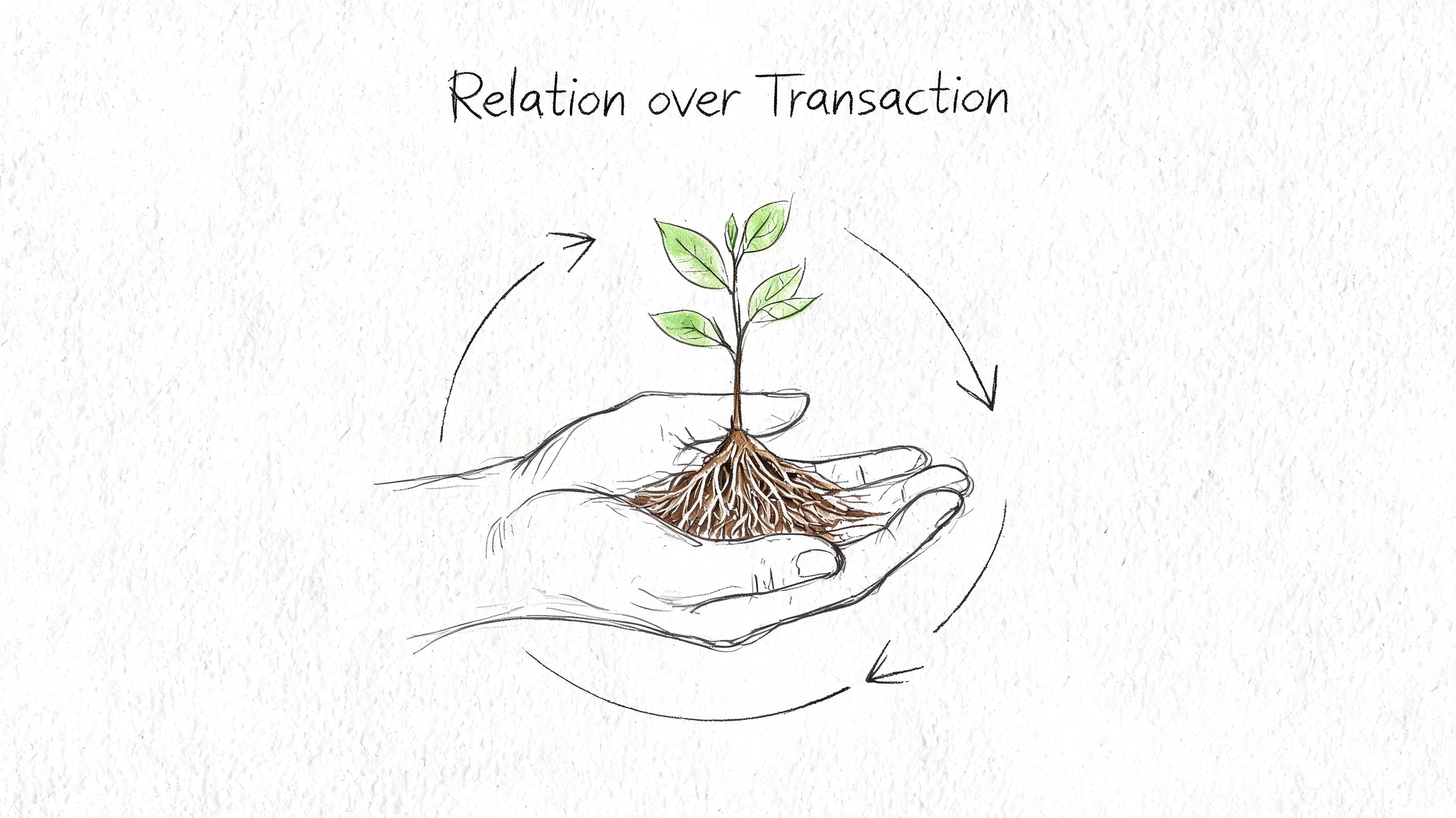 A hand-drawn illustration showing cupped hands holding a young plant with roots, symbolizing growth and human connection.