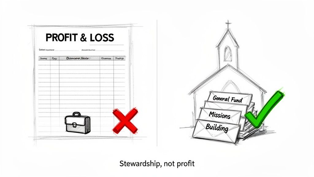Illustrating the difference between business profit/loss and church stewardship with designated funds.