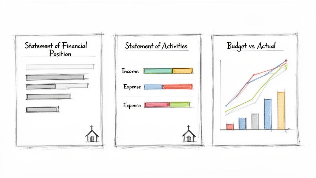 Hand-drawn sketches of three financial reports: Statement of Financial Position, Statement of Activities, and Budget vs Actual, with church icons.
