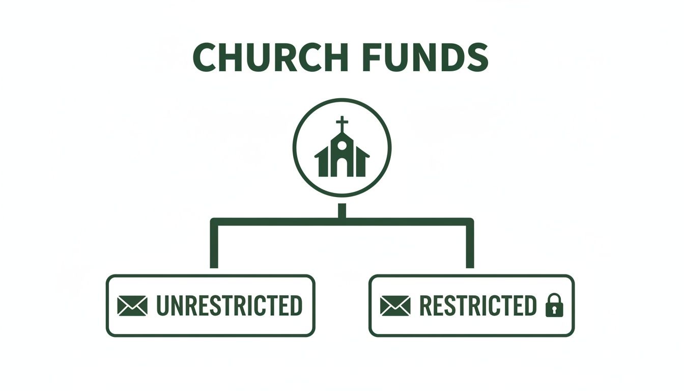 A flowchart categorizes church funds into unrestricted and restricted types with envelope icons.