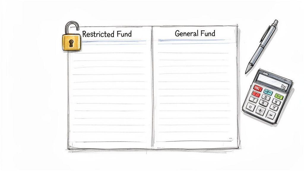 An open notebook showing 'Restricted Fund' with a padlock and 'General Fund', beside a pen and calculator, illustrating fund management.