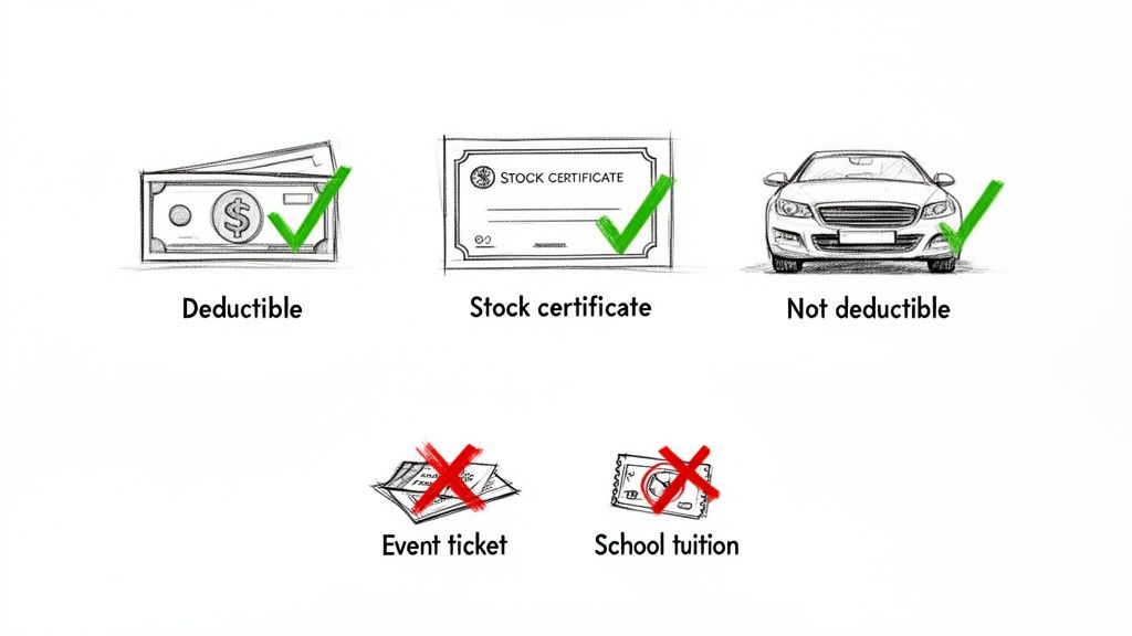 Illustrations showing tax deduction statuses for money, stock certificates, cars, event tickets, and school tuition.